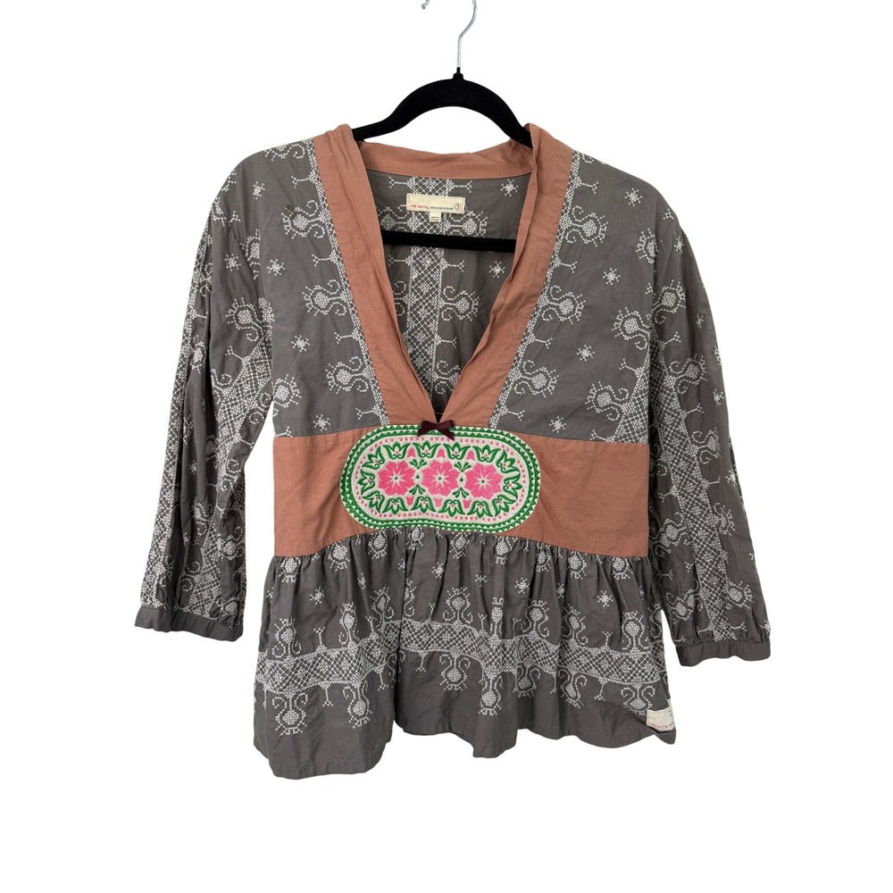 Odd Molly Embroidered Peplum Blouse Women L Cotton Boho Artisan Whimsy Festival